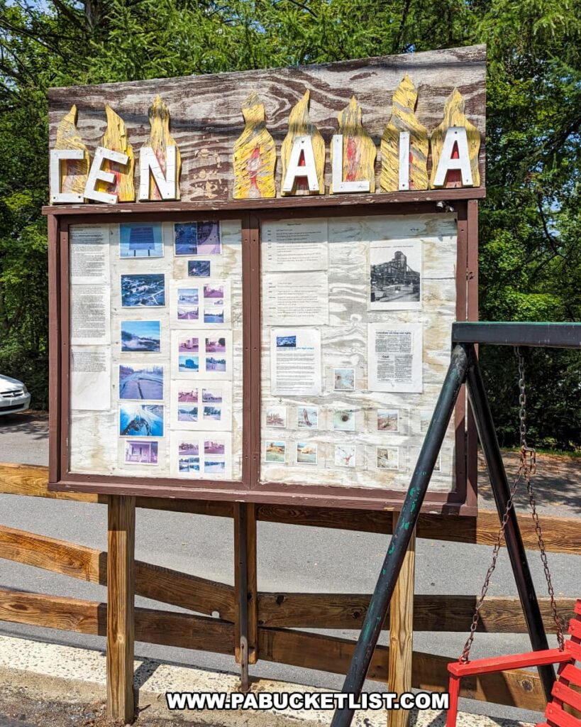An informative display at Pioneer Tunnel coal mine near Centralia, Pennsylvania, providing visitors with a glimpse into the town's history and the ongoing underground coal mine fire. The weathered wooden board at the top, adorned with the word "CENTRALIA" in stylized, flame-themed letters, hints at the fire that has been burning since 1962. Below, protected behind a clear covering, are numerous pages filled with text and photos, likely detailing the town's past, the fire's impact, and the resultant ghost town status. This outdoor exhibit offers a tangible connection to Centralia's unique and tragic narrative under the open sky.