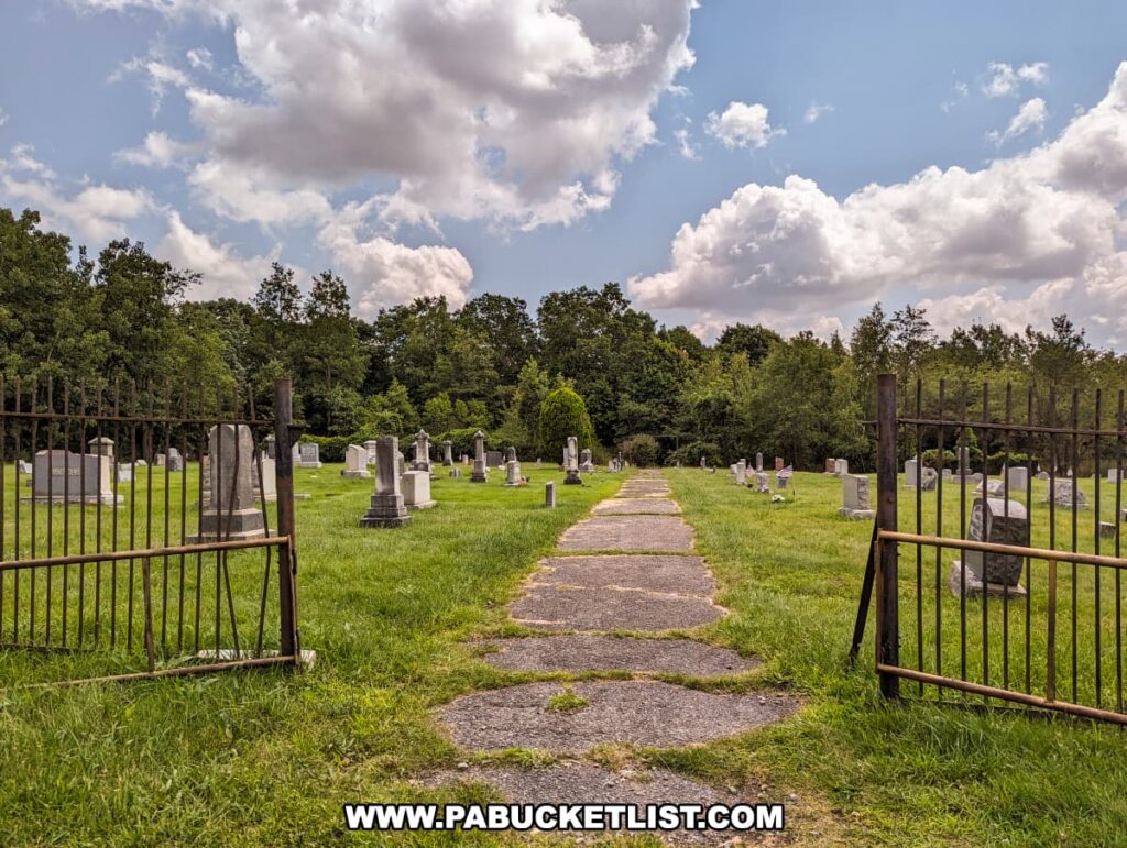 The photo captures the Odd Fellows Cemetery in Centralia, Pennsylvania, on a day where the sky is a dramatic mix of fluffy white clouds and blue. The image is taken from the entrance, looking down a central path flanked by neatly arranged gravestones. The cemetery is surrounded by a rusty metal fence, and the open gate invites visitors in. Lush green trees encircle the perimeter, providing a serene backdrop to this resting place, standing in quiet contrast to the town's reputation as a ghost town over an underground mine fire.