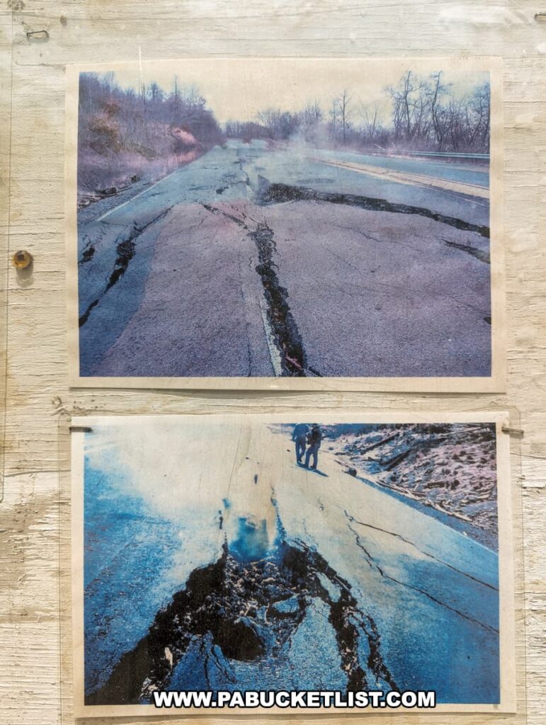 The photo shows two mounted images depicting the damage caused by the underground mine fire in Centralia, Pennsylvania. The top image captures a deserted road with deep cracks and buckling, evidence of the intense heat beneath the surface, while wisps of smoke hint at the fire still smoldering below. In the bottom image, two individuals stand by a large, heat-induced fissure in the asphalt, the darkened, charred edges of the pavement and the stark, barren landscape around them illustrating the severity of the damage and the ghostly emptiness of the area.