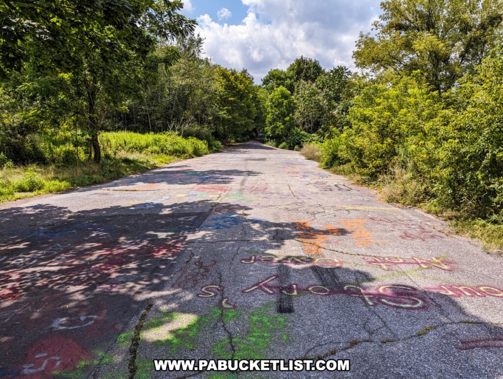 A desolate stretch of asphalt in Centralia, Pennsylvania, cloaked with vibrant graffiti, stands as a colorful testament to the town's ghostly status. Encroaching on both sides of the road, lush greenery hints at nature's reclaiming of the area. Shadows cast by the trees dapple the pavement, and the sky above is mostly clear, save for a few soft, white clouds, underscoring the eerie quietude that has settled over the landscape abandoned due to the persistent underground mine fire.