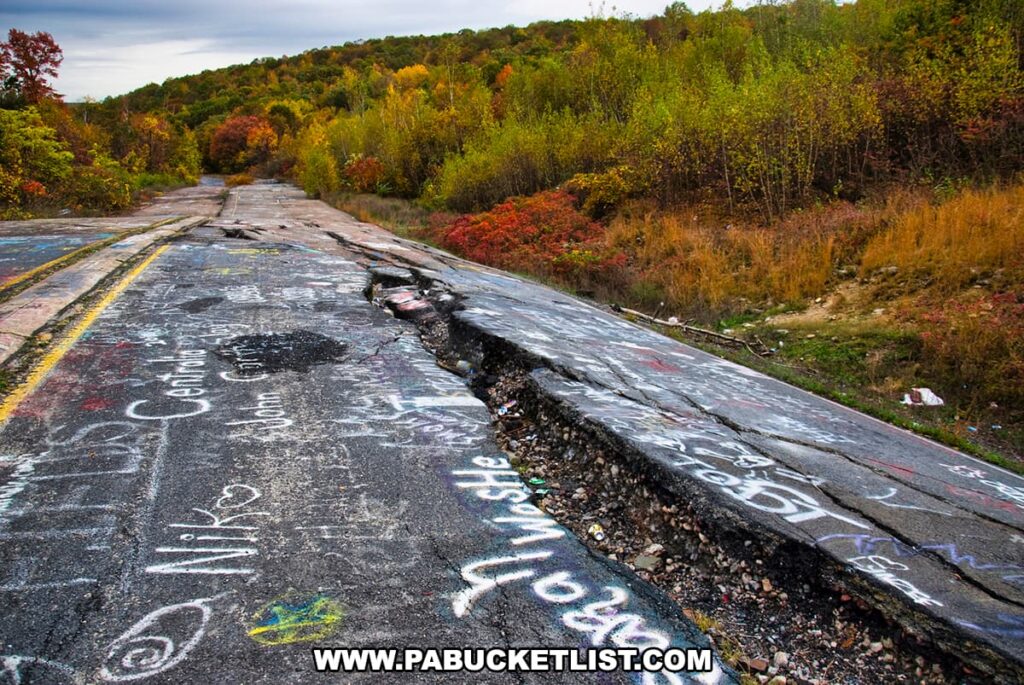 An image captures the severe damage of an abandoned road in Centralia, Pennsylvania, with large cracks and buckled asphalt creating a rugged terrain. The road is heavily adorned with graffiti, which adds a spectrum of colors to the otherwise grey pavement. In the background, autumn colors the trees with red, orange, and yellow hues, contrasting the greyness of the road and the overcast sky. The scene conveys a mix of urban decay and natural beauty, with scattered litter emphasizing the neglect of this once-traveled highway, affected by the ongoing underground fire.