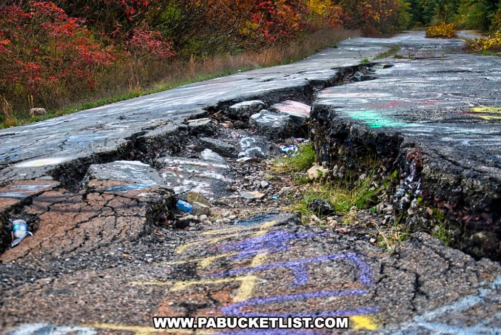 A close-up view of the damaged asphalt in Centralia, Pennsylvania, reveals the destructive power of the underground fire. The road is buckled and split, with chunks of concrete displaced and strewn about, some pieces partially covered in graffiti. Vegetation pokes through the cracks, contrasting with the fall foliage in the background. Discarded items, including water bottles, lie amidst the rubble, highlighting the abandonment. The damage done by the long-burning coal mine fire is evident in the deformed and deserted state of the once-functional road.