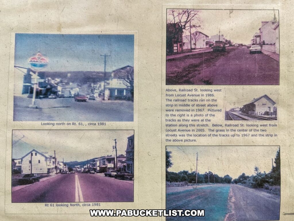This image displays a collection of faded photographs depicting various scenes from Centralia, Pennsylvania, during the 1980s. The top left photo shows a view looking north on Route 61, circa 1981, with a vibrant, retro-looking gas station sign. To the right, there's a shot of Railroad Street looking west from Locust Avenue in 1986, where the tracks were removed in 1967. Below, there are two more images: another view of Route 61 looking north from approximately the same era, with homes lining the street, and the last picture captures Railroad Street looking west from Locust Avenue in 2005, featuring a grassy median where railroad tracks once lay. These images document the town before it became known as a "toxic ghost town" due to the ongoing coal mine fire.