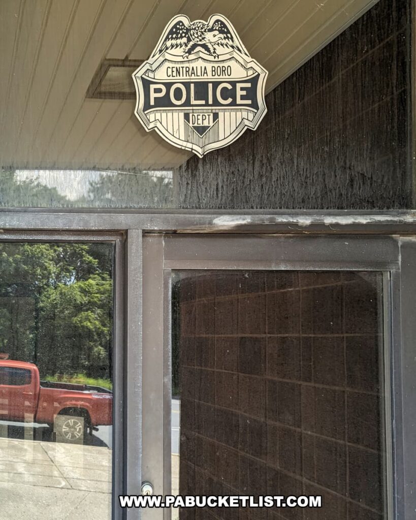 The image displays a close-up of the Centralia Borough Police Department sign affixed to a dark wooden wall next to a glass window, reflecting a red truck parked outside. The sign features a badge shape with an eagle on top, indicating the authority of the small town's police force in Centralia, Pennsylvania, a place known for the coal mine fire that has been burning beneath it since 1962.