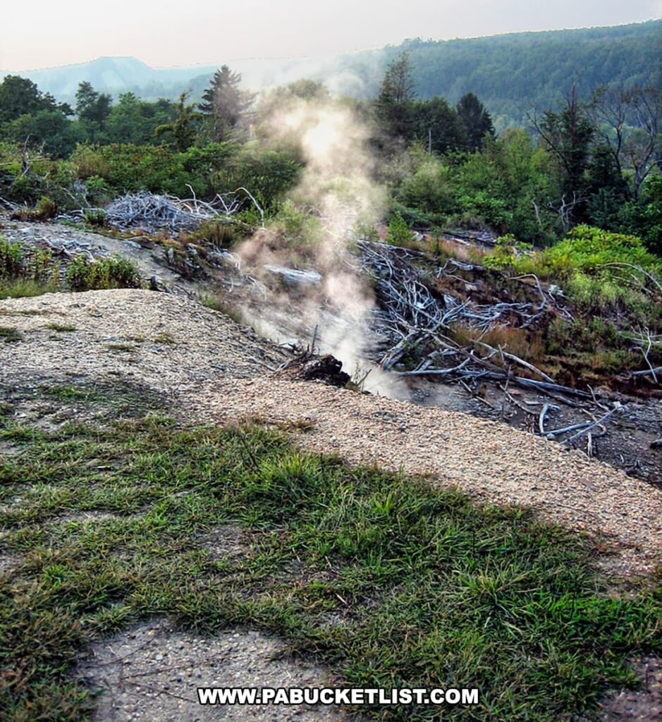 The image shows a haunting scene from Centralia, Pennsylvania, where smoke rises from a large crack in the ground—a visible sign of the underground coal mine fire that has been burning since 1962. The foreground features a grassy area leading to barren soil, reflecting the heat's impact. Dead, white trees and shrubs are scattered around the fissure, emphasizing the desolation caused by the fire. In the background, the lush, undisturbed forest on the rolling hills stands in contrast to the scorched earth, underscoring the destructive intersection of natural beauty and environmental catastrophe in this ghost town.