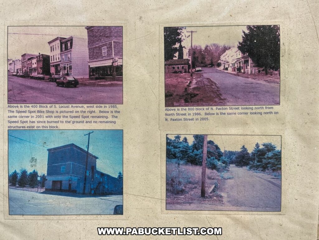 The photo displays a compilation of images from Centralia, Pennsylvania, contrasting the town's changes over time. The upper left picture shows the 400 Block of South Locust Avenue, west side in 1985, featuring the Speed Spot Bike Shop, and the upper right image captures the 800-block of North Paxton Street looking north from North Street in 1986. The lower images show the same locations in 2001 and 2005 respectively, revealing the significant transformation from a populated area to one with no remaining structures, illustrating the effects of the prolonged coal mine fire on the town's landscape and built environment.