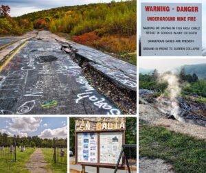 A collage of photos taken in Centralia, known as Pennsylvania's toxic ghost town because of an underground coal mine fire that has been burning under the town since 1962.