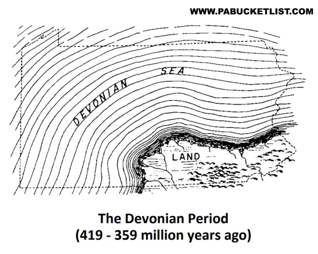 A map of Pennsylvania during the Devonian Period when most pf the state was covered by a shallow sea.