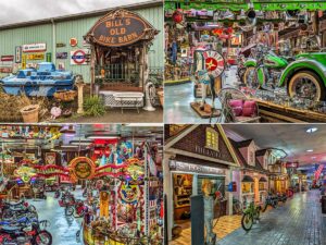 A collage of four photos presents a visual tour of Bill's Old Bike Barn in Bloomsburg, Pennsylvania. The first photo features the museum's rustic exterior sign surrounded by a collection of vintage memorabilia, including a boat and an old-fashioned bathtub. The second image showcases the interior with an array of colorful motorcycles, a large Captain America shield, and vibrant neon signs. The third photo offers a glimpse of a carnival-themed display with a merry-go-round, neon lights, and an array of classic bikes. The final image captures a charming indoor street scene with replica buildings, including a post office and a quaint cobblestone path lined with vintage motorcycles, giving visitors a sense of walking through a nostalgic small town.
