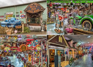 A collage of four photos presents a visual tour of Bill's Old Bike Barn in Bloomsburg, Pennsylvania. The first photo features the museum's rustic exterior sign surrounded by a collection of vintage memorabilia, including a boat and an old-fashioned bathtub. The second image showcases the interior with an array of colorful motorcycles, a large Captain America shield, and vibrant neon signs. The third photo offers a glimpse of a carnival-themed display with a merry-go-round, neon lights, and an array of classic bikes. The final image captures a charming indoor street scene with replica buildings, including a post office and a quaint cobblestone path lined with vintage motorcycles, giving visitors a sense of walking through a nostalgic small town.
