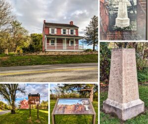 The collage features five photos capturing different aspects of the historic site where the first shot of the Battle of Gettysburg was fired. The central image is of the Wisler House, a red brick two-story building with white trim, sitting atop a stone foundation with a porch facing the Chambersburg Pike. In the top right, an image shows a vintage photograph of a stone monument, with a caption detailing its dedication by veterans of the 8th Illinois Cavalry in 1886. Below, a sign points to the "First Shot Wisler House," and next to it is an interpretive panel with an illustration of Union soldiers firing the first shot, accompanied by descriptive text. The bottom right photo focuses on the engraved limestone marker standing on a grassy patch, bearing the names of Captain Jones and Sergeant Shafer of the 8th Illinois Cavalry, honoring the location of that first crucial shot.