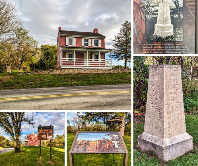 The collage features five photos capturing different aspects of the historic site where the first shot of the Battle of Gettysburg was fired. The central image is of the Wisler House, a red brick two-story building with white trim, sitting atop a stone foundation with a porch facing the Chambersburg Pike. In the top right, an image shows a vintage photograph of a stone monument, with a caption detailing its dedication by veterans of the 8th Illinois Cavalry in 1886. Below, a sign points to the "First Shot Wisler House," and next to it is an interpretive panel with an illustration of Union soldiers firing the first shot, accompanied by descriptive text. The bottom right photo focuses on the engraved limestone marker standing on a grassy patch, bearing the names of Captain Jones and Sergeant Shafer of the 8th Illinois Cavalry, honoring the location of that first crucial shot.