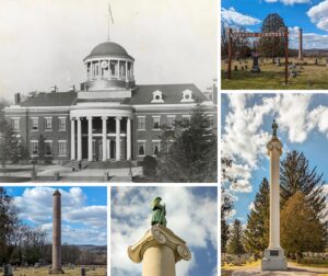 A collage of photos showing both the original PA State Capitol before it burned down, as well as the two war memorials that were created from salvaged columns from the front portico of the capitol building after it burned down in 1897.