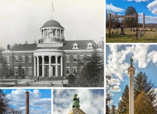 A collage of photos showing both the original PA State Capitol before it burned down, as well as the two war memorials that were created from salvaged columns from the front portico of the capitol building after it burned down in 1897.