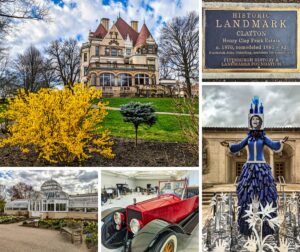 A photo collage from the Henry Clay Frick estate in Pittsburgh, Pennsylvania, featuring five distinct scenes: 1) The Victorian-style Clayton mansion with a vibrant yellow forsythia in the foreground against a backdrop of leafless trees and a cloudy sky. 2) The estate's historic landmark plaque for Clayton, detailing its construction and renovation dates. 3) The glass-paneled greenhouse surrounded by budding garden beds. 4) An exhibit inside the Car and Carriage Museum, showcasing a bright red vintage car with polished headlights. 5) A colorful outdoor sculpture of a woman dressed in blue, with multiple blue hands raised above her head holding candles and a portrait of a smiling woman’s face at the top, set against the backdrop of the estate's classical architecture.
