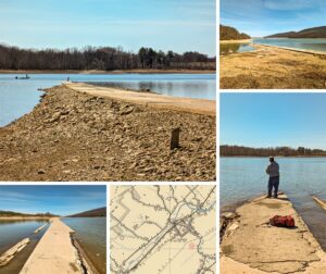 This collage presents various views of the Sunken Highway at Bald Eagle State Park near Howard, PA. Top left, a figure stands distant on the narrow path beside calm waters. Top right, the highway stretches towards a dam, bordered by a rocky shore and a fisherman in the foreground. Center, the path bisects the lake's expanse under a clear sky. Bottom left, the cracked concrete is framed by the shore. Bottom right, an angler focuses on the tranquil waters, his gear resting on the road. An inset map details the highway’s original route. Together, these images capture the serene beauty and the historical significance of the submerged roadway.