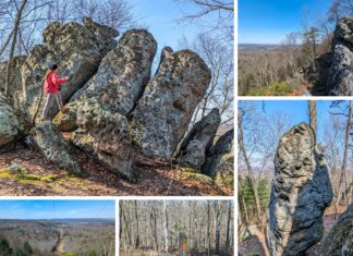 A photo collage of five images featuring the Three Sisters Rock Formation along the Standing Stone Trail in Huntingdon County, Pennsylvania. In the first image, a person in a red jacket is navigating between tall, mossy rock formations. The second image provides a panoramic view of a leafless forest from atop the rock formation. The third image shows a singular, towering rock with distinctive pockmarks, standing alone among the trees. The fourth photo looks down a powerline clearing that carves a linear path through the forest. The fifth captures a trail marker post on the Standing Stone Trail, surrounded by a forest of bare trees.