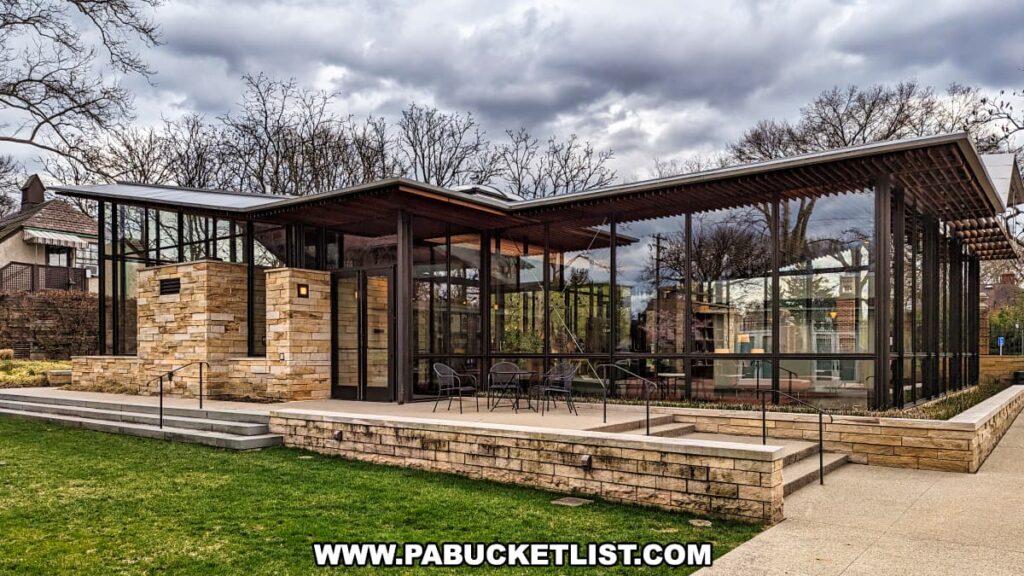 A modern visitor center at the Henry Clay Frick estate in Pittsburgh, Pennsylvania, featuring a combination of natural stone walls and extensive glass panelling, all under a dark flat roof with wide eaves. The center has a clear view of the surroundings through the glass, and there is a terrace with outdoor seating for guests. The landscaping includes a neatly maintained lawn and a stone retaining wall, which add to the contemporary yet welcoming atmosphere of the center. Leafless trees and an overcast sky create a serene backdrop for this architectural blend of indoor and outdoor spaces.
