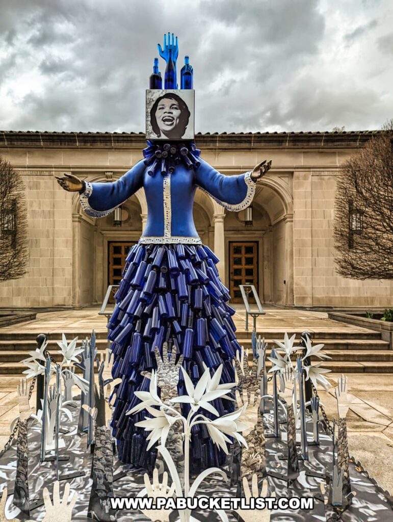 An outdoor sculpture at the Henry Clay Frick estate in Pittsburgh, Pennsylvania, depicting a stylized figure of a woman with outstretched arms. The figure has a layered blue dress made from book spines, a necklace of white flowers, and multiple blue hands rising above her head holding candles, with a portrait of a smiling woman's face above them. Surrounding the sculpture are white botanical elements and hands on stakes, set against a backdrop of the estate's classical architecture under an overcast sky.
