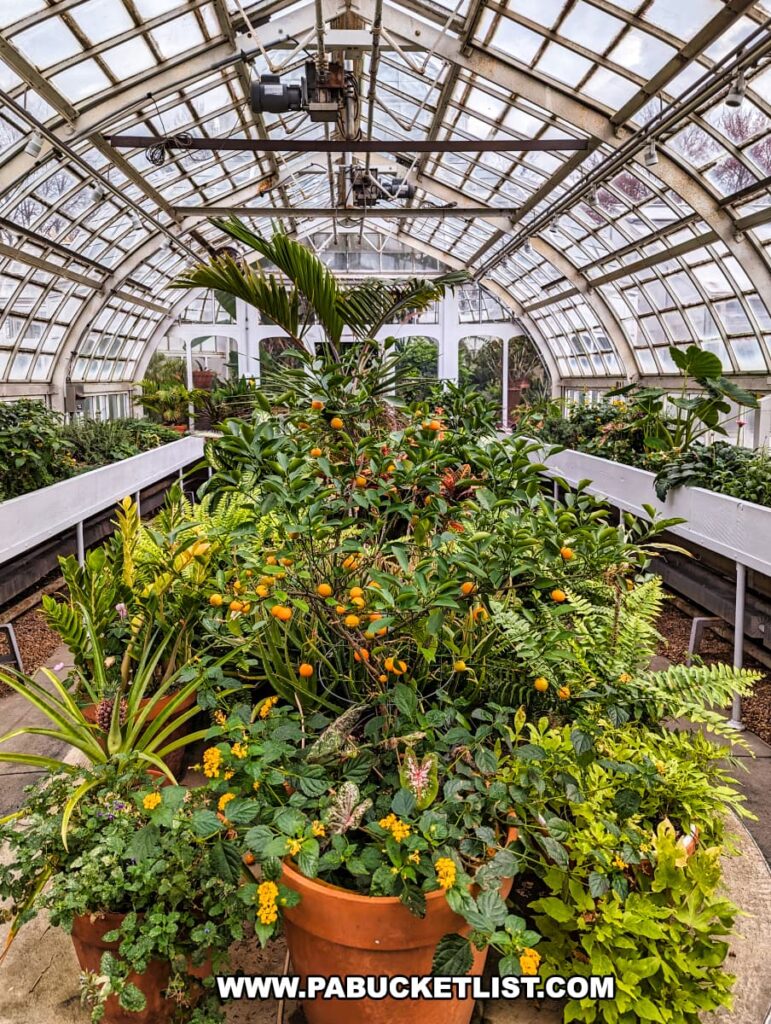 Inside the greenhouse at the Henry Clay Frick estate in Pittsburgh, Pennsylvania, a variety of tropical plants and flowers thrive under a vaulted glass ceiling. Terracotta pots filled with lush greenery and vibrant blooms create a tapestry of textures and colors, highlighted by the natural light streaming through the paneled glass above. The structural beams and automated window openings blend functionality with the ornate architecture of the greenhouse, creating a nurturing environment for plant life.