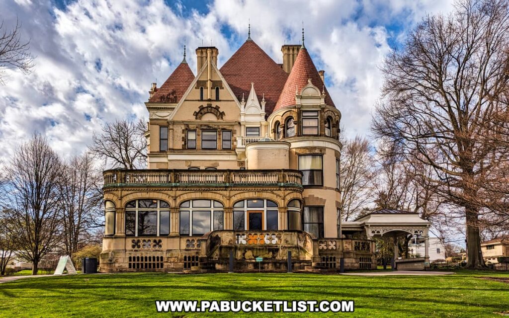A stately view of the Henry Clay Frick estate in Pittsburgh, Pennsylvania, showcasing the mansion’s elegant architectural details. The Victorian-style mansion features a combination of stone and stucco façades, ornate window frames, a grand enclosed porch with decorative railings, and multiple chimneys. The steeply pitched roofs are adorned with patterned shingles and finials, complementing the historical design. Leafless trees frame the scene, and the mansion is set against a backdrop of partly cloudy skies, highlighting its status as a preserved historical landmark.