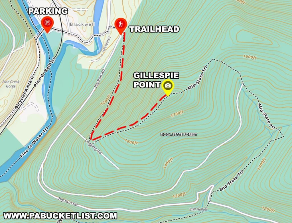 A topographic trail map showing the hiking trail leading to Gillespie Point scenic overlook in Tioga County Pennsylvania.
