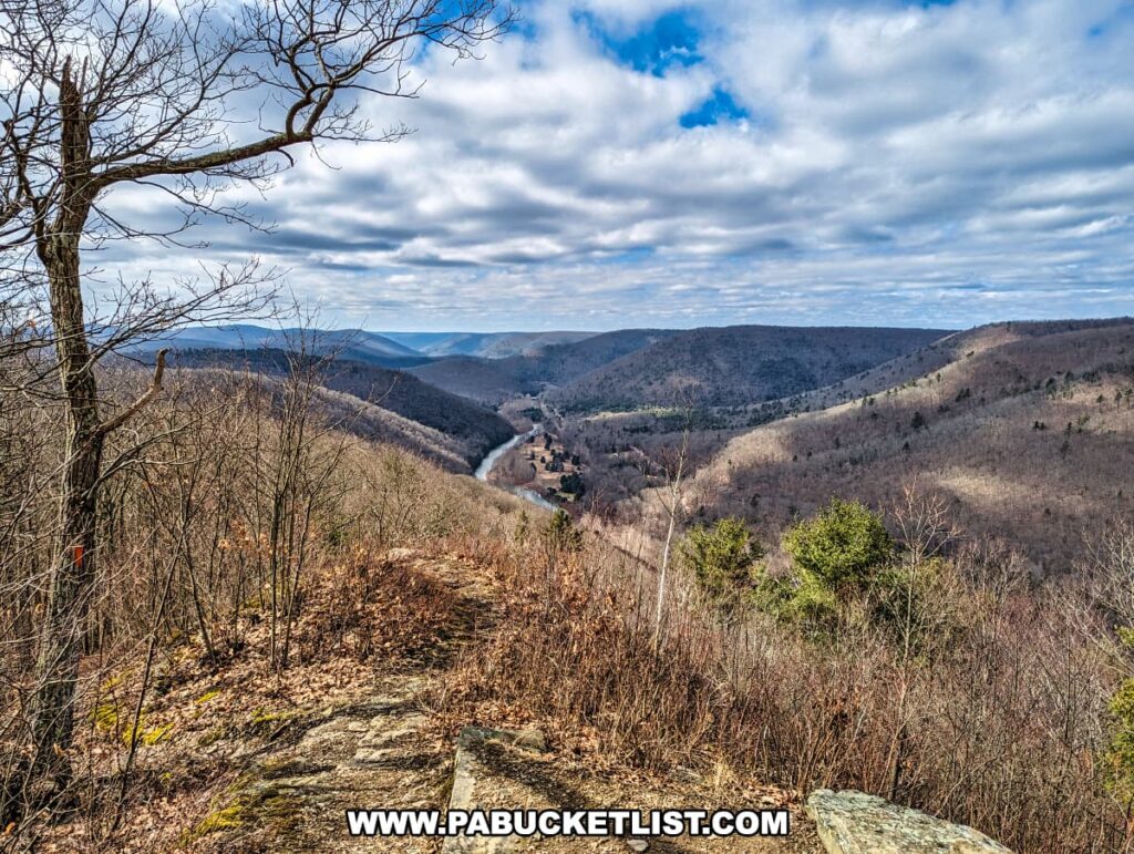 Expansive view from Gillespie Point overlooking the Pine Creek Gorge in Tioga County, Pennsylvania, as seen from the Mid State Trail. Pine Creek cuts through the heart of the valley, embraced by the undulating hills and leafless trees of early spring or late autumn. The sky is a canvas of white and gray clouds, with patches of blue peeking through, casting dynamic shadows over the landscape. In the foreground, a rocky outcrop with sparse vegetation offers a vantage point over this serene natural scene.