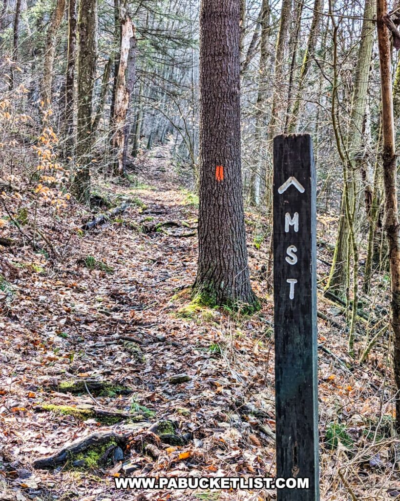 A tranquil trail scene along the Mid State Trail in Tioga County, Pennsylvania, featuring a trail marker for the Mid State Trail (MST). The marker is a wooden post with 'MST' and an upward arrow painted in white, set against a background of leaf-covered ground and a variety of trees, some with bare branches and others with evergreen needles. An orange blaze is visible on a tree trunk, guiding hikers along the path that disappears into the serene woodland.