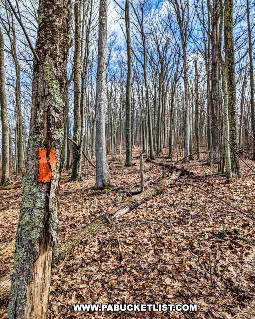 The Mid State Trail in Tioga County, Pennsylvania, marked by a prominent orange blaze on a tree trunk, winds through a dense, leafless hardwood forest. The ground is covered in a thick layer of brown leaves, with occasional green moss patches visible. The forest has a stark, quiet beauty, indicative of the cold months when trees are dormant