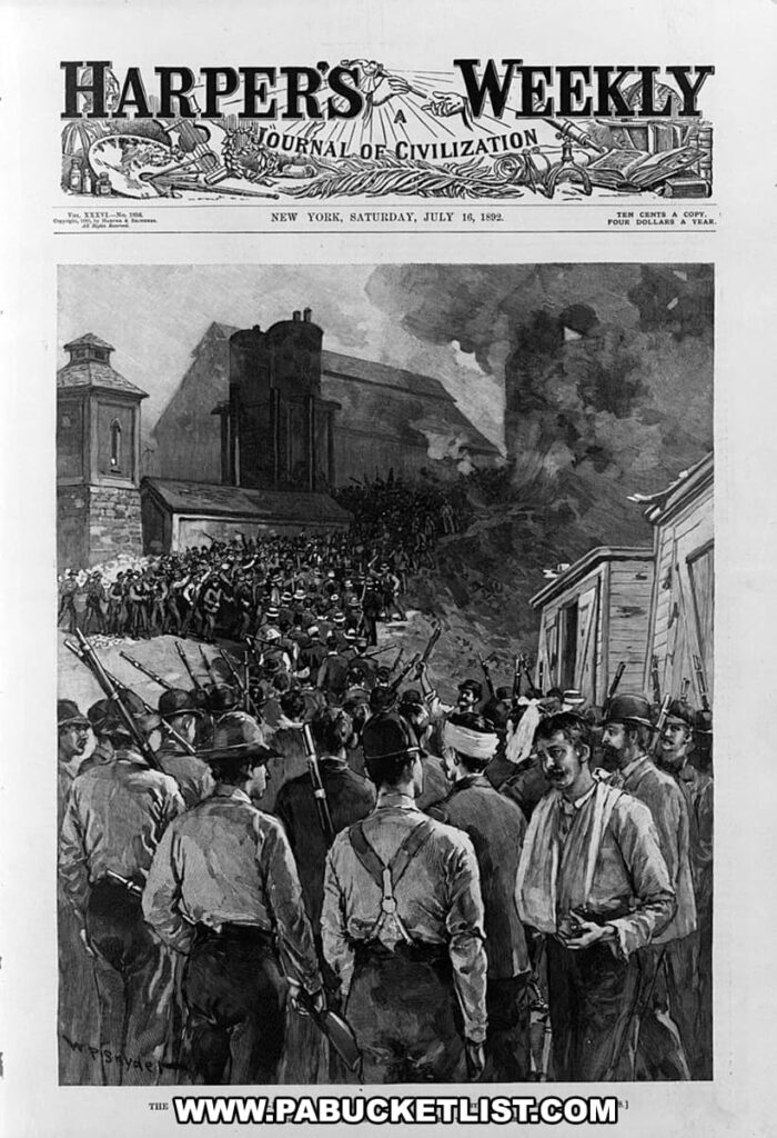 Harper's Weekly cover from 1892 depicting the Homestead Strike in Pittsburgh.