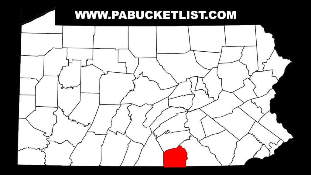 A map of Pennsylvania counties with Adams County highlighted in red.