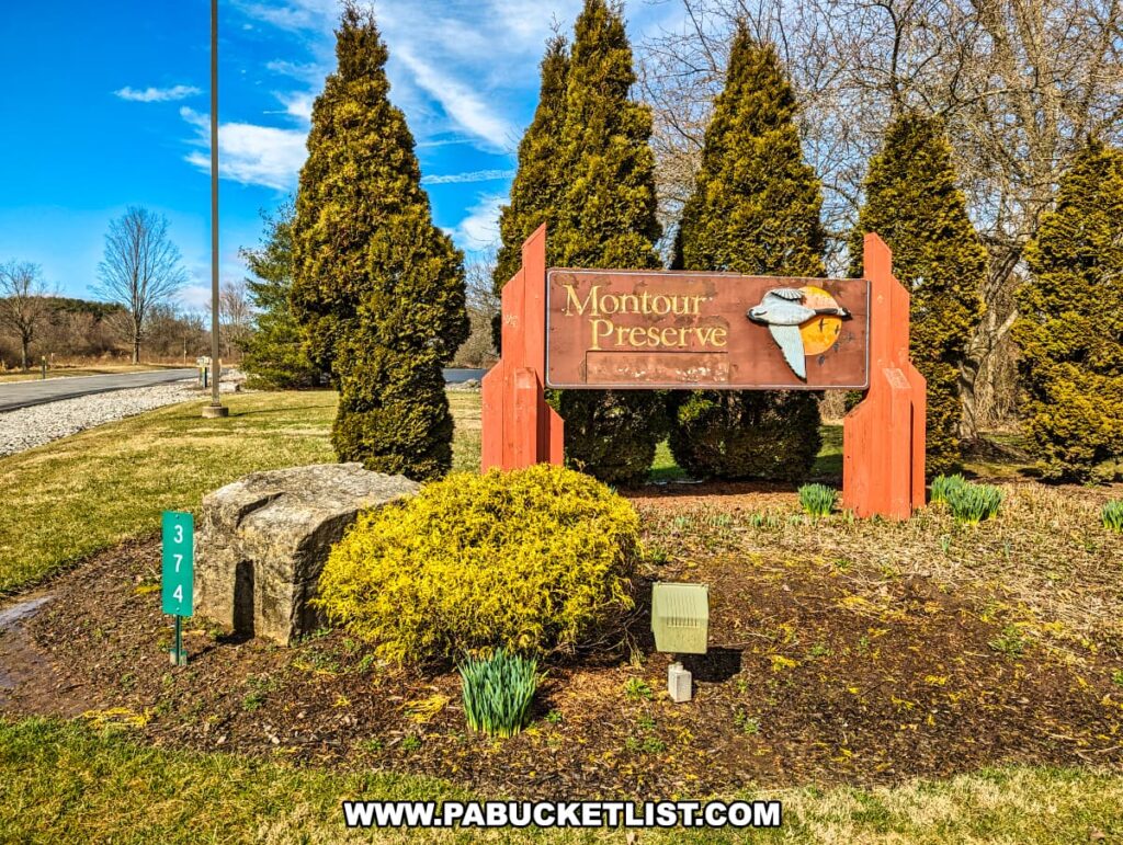 The entrance sign for Montour Preserve near Danville, Pennsylvania, featuring a rustic wooden signboard with carved and painted text reading "Montour Preserve" and an image of a goose. The sign is framed by tall, conical evergreen trees and flanked by green and yellow bushes, with young daffodils just beginning to bloom at its base. The bright blue sky with few clouds suggests a pleasant day, and the lush greenery indicates either spring or summer.