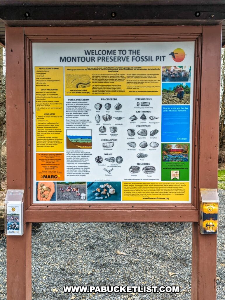 An informative kiosk at the Montour Preserve fossil pit near Danville, Pennsylvania, provides educational content about the types of fossils that can be found in the area, such as brachiopods, cephalopods, corals, and trilobites. The board includes illustrations of these fossils, a section on fossil formation, and helpful tips for a safe visit. It encourages visitors to bring tools like hammers, chisels, and brushes for collecting fossils, and to observe safety precautions. The display is housed in a wooden frame with a protective roof and a gravel ground cover, set against a natural backdrop.