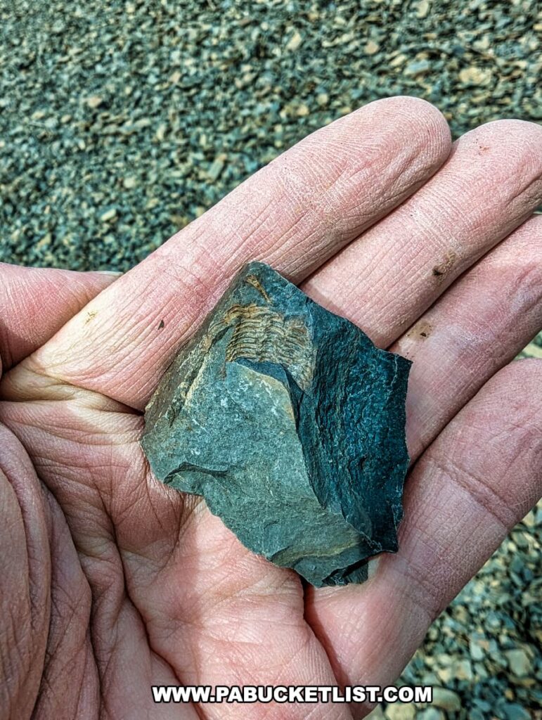 A person's open hand displaying a dark slate-gray rock with the distinct impression of a fossilized leaf or fern. The fossil, clearly visible against the stone, shows the fine details of the ancient plant's structure. The hand appears to be at the Montour Preserve fossil pit near Danville, Pennsylvania, as suggested by the gravelly ground in the background which is typical of fossil pit terrains.
