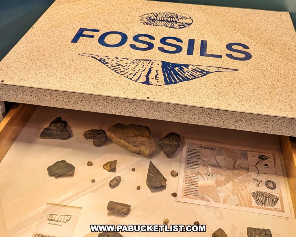 An exhibit at the Montour Preserve near Danville, Pennsylvania, displaying a collection of fossils. A display counter with a top sign reading "FOSSILS" contains various fossil specimens, ranging from small fragments to larger rock-embedded samples. Below the specimens, descriptive information highlights different types of fossils such as crinoids and corals, providing educational content for visitors. The exhibit is part of a series aimed at illustrating the geological past of the area.