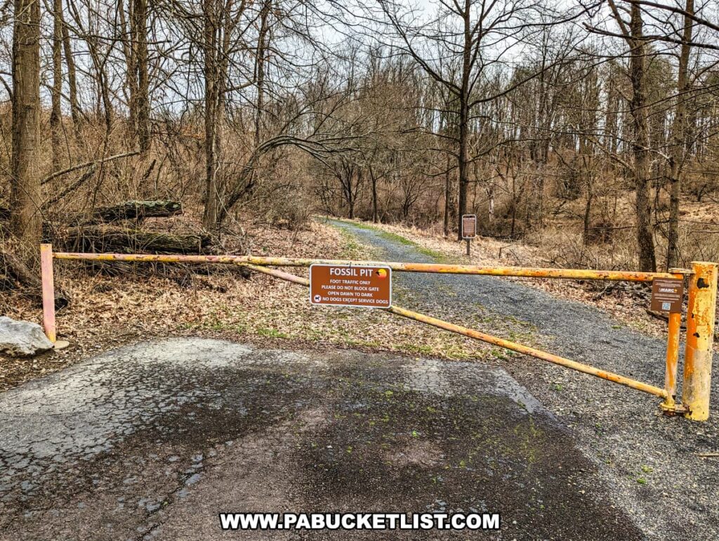 An entry gate to the Montour Preserve fossil pit near Danville, Pennsylvania, with a sign that reads "FOSSIL PIT FOOT TRAFFIC ONLY" and further notes "PLEASE DO NOT GO DOWN IN WET CONDITIONS" and "NO DOGS EXCEPT SERVICE DOGS." The gate is a simple yellow metal barrier across a gravel path leading into a wooded area, indicating the start of a trail to the fossil pit. Trees with no leaves suggest it might be either late fall or winter.