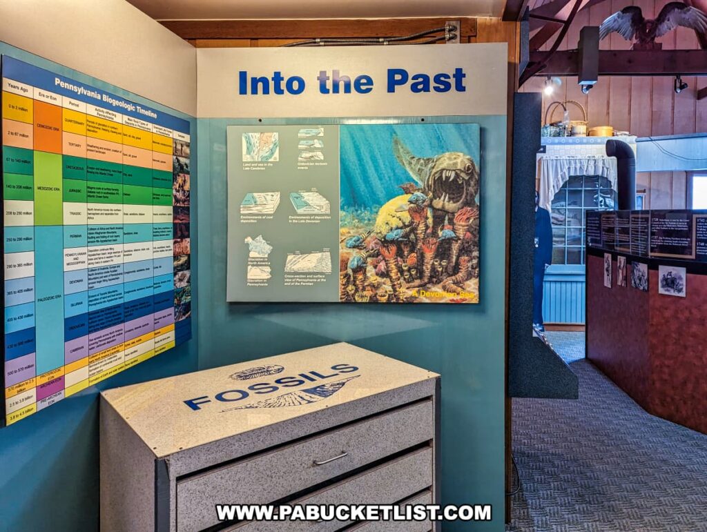 An educational exhibit titled "Into the Past" at the Montour Preserve near Danville, Pennsylvania, highlighting the geological timeline of Pennsylvania with colorful charts and fossil displays. The timeline showcases different eras with corresponding fossil types, and a central illustration depicts marine life during the Devonian period. The display, aimed at educating visitors about the region's prehistoric life, includes a counter labeled "FOSSILS" where actual specimens may be examined. The setting includes a carpeted floor and part of an overhead wooden structure, suggesting an indoor visitor center environment designed for learning.