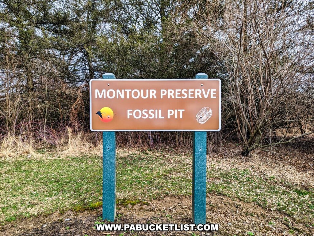 A sign indicating the Montour Preserve Fossil Pit near Danville, Pennsylvania, with the preserve's logo—a sun and goose silhouette—next to an image of a trilobite fossil. The sign, set on a sturdy post, is prominently displayed against a backdrop of leafless bushes and trees, signaling either the arrival of winter or the cusp of spring. The ground is covered with grass and fallen leaves, suggesting a natural, undeveloped area.