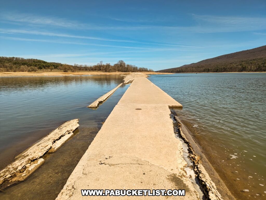 A concrete road bisects the placid waters of Sayers Lake, leading into the distance towards rolling hills under a wide blue sky. This is the Sunken Highway at Bald Eagle State Park, usually submerged but now visible, a linear interruption in the natural landscape. Its weathered surface speaks to its history, contrasting with the gentle waves lapping against its sides, a reminder of the lake’s dominance over what was once a bustling route.