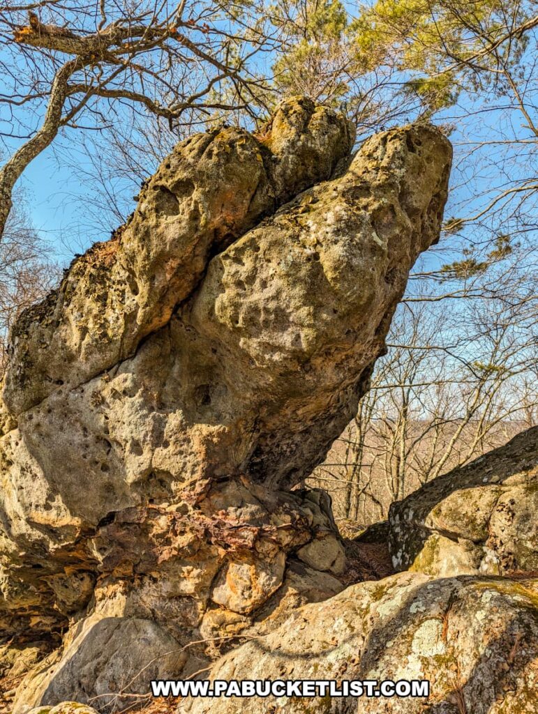 A distinctive rock formation near the the Three Sisters Rock Formation along the Standing Stone Trail in Huntingdon County Pennsylvania.