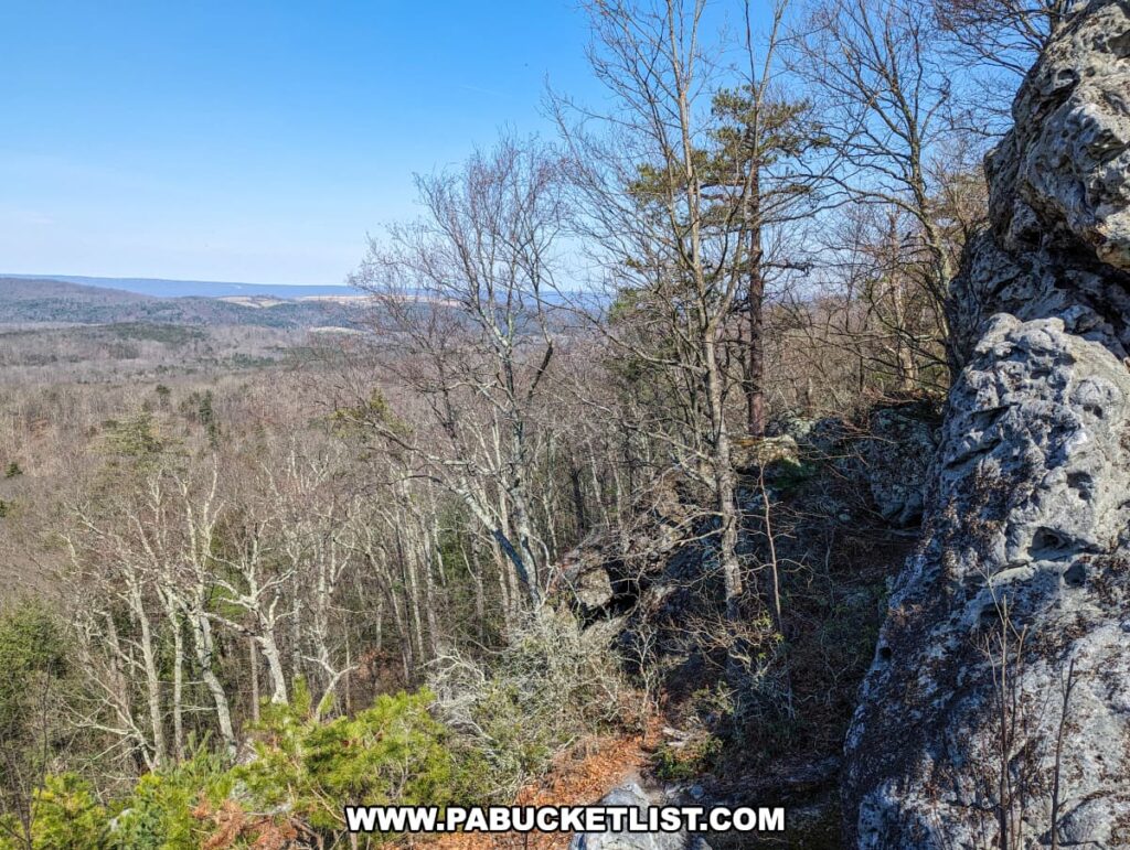 A landscape view from the Three Sisters Rock Formation on the Standing Stone Trail in Huntingdon County, Pennsylvania, featuring a rocky foreground, a variety of trees with early spring foliage, and a distant view of rolling hills under a clear blue sky.