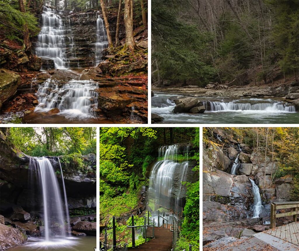 This image is a collage of five photos showcasing different Buttermilk Falls located in Pennsylvania. Each photo captures a unique waterfall set amidst lush forest environments, highlighting the cascading water over rocky terrains and serene surroundings. Some falls are depicted with flowing tiers, while others show a single, dramatic drop. Included scenes feature waterfalls with access paths and protective railings, emphasizing their popularity and accessibility for visitors. The varying flow rates and surrounding foliage suggest the photos span multiple seasons or weather conditions.