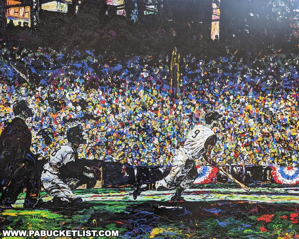 A vibrant and expressive painting depicts a historic baseball scene, representing a key moment from Forbes Field. It shows a player in motion, wearing a white uniform with the number 9, completing a swing after hitting a baseball. The crowd in the stands is a colorful mosaic of blues, yellows, and reds, illustrating a packed stadium full of spectators. The scene is captured with dynamic brush strokes and vivid colors, evoking the excitement and movement of the game. This artistic representation captures the spirit of the Pittsburgh Pirates and their home games at Forbes Field.