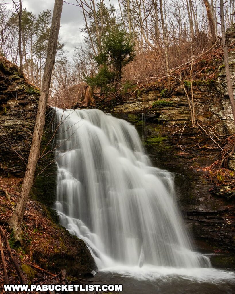The photograph captures one of the majestic waterfalls at Bushkill Falls in Pike County, Pennsylvania. A cascade of water tumbles down a rocky face, shrouded by the bare branches of trees in an early spring setting. The waterfall, in full spate, creates a veil-like appearance as it descends into a serene pool below. Surrounding vegetation clings to the edges of the moist cliffside, hinting at the lush greenery that will emerge. The image, taken with a slow shutter speed, gives the falling water a silky, smooth texture, contrasting with the crispness of the surrounding rocks and woods.