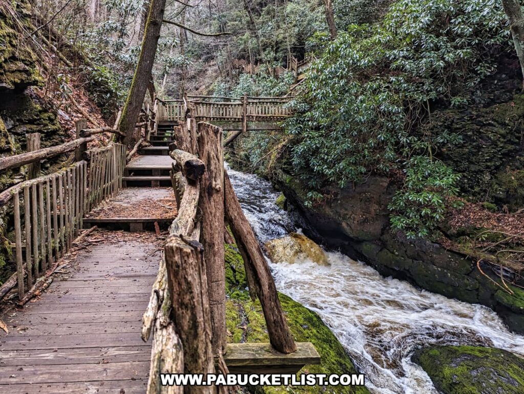The photograph showcases a section of the wooden boardwalk at Bushkill Falls in Pike County, Pennsylvania, as it meanders through a rich, woodland environment. The boardwalk, built with weathered wood and lined with gnarled branch railings, creates a rustic pathway that leads adventurers over the energetic Little Bushkill Creek. The creek, filled with frothy, white water, rushes beneath the walkway, providing a soundtrack of nature’s relentless motion. Rhododendron bushes spill over the edges of the rock faces, adding splashes of green to the scene, as the boardwalk invites exploration deeper into the serene Pocono Mountains landscape.