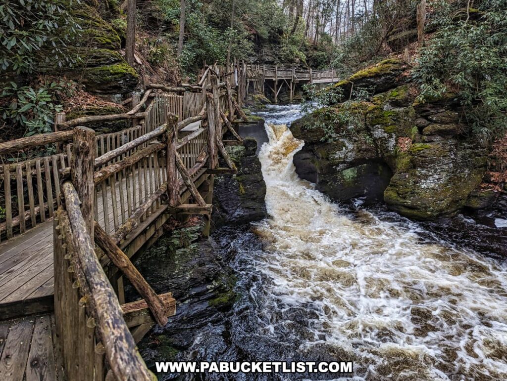 In the lush environment of the Pocono Mountains at Bushkill Falls, Pennsylvania, a wooden boardwalk and railing lead visitors along and over the bubbling rapids of Little Bushkill Creek. The hand-built structure harmonizes with the natural surroundings, curving around moss-covered boulders and vibrant green foliage. The creek cascades forcefully through a narrow channel in the rock, creating white water that adds dynamism to the tranquil forest scene. This picture captures the essence of the area, combining the rustic charm of the boardwalk with the wild beauty of the creek as it carves its way through the Upper Gorge.