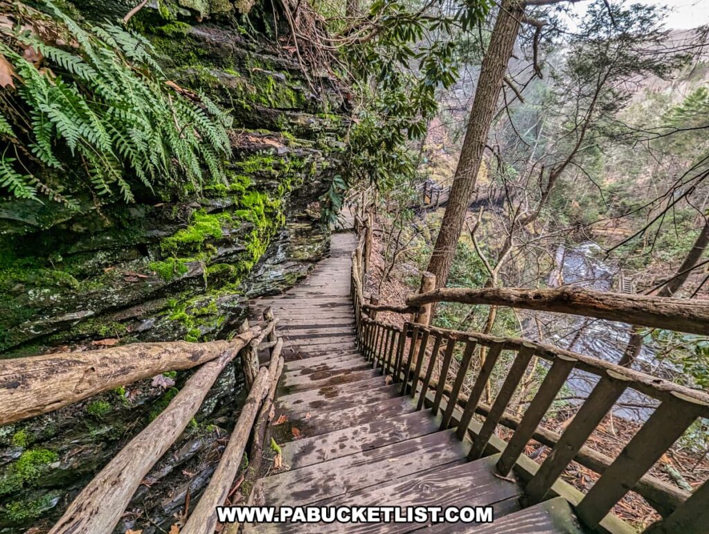 A steep wooden staircase at Bushkill Falls in Pike County, Pennsylvania, rises through the forest, providing a path for visitors to navigate the rugged terrain. Each step, flanked by natural branch railings, invites hikers to ascend amidst the tall, leafless trees of the Pocono Mountains, possibly during the early spring or late autumn. The staircase blends with the environment, featuring wood that mirrors the surrounding trees and forest floor covered with fallen leaves, embodying the park's commitment to creating access while preserving the area's natural beauty. This structure is indicative of the well-maintained facilities that enhance the experience for visitors of all fitness levels at the "Niagara of Pennsylvania."