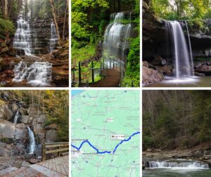 This image is a collage of six photographs, featuring five distinct Buttermilk Falls located across Pennsylvania along with a road map that shows a route connecting these falls. Each photo captures a different waterfall, illustrating varied landscapes and water flows—from multi-tiered cascades to singular, serene drops surrounded by lush foliage. One of the falls is shown with a wooden walkway and railing, suggesting ease of visitor access. The map, placed among the waterfall images, displays a blue line tracing a route across a regional map of Pennsylvania, indicating a scenic drive that links these natural attractions.