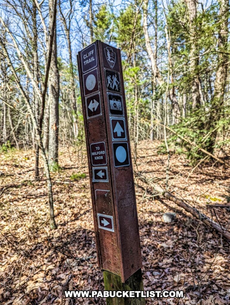 A trail marker for the Cliff Trail in Pike County, Pennsylvania stands prominently along the path. It's a vertical wooden post with various directional signs and symbols indicating the activities available: hiking, scenic views, and no bikes allowed. The top of the post is labeled "CLIFF TRAIL" with an emblem of Pennsylvania. Signs point towards "TO MILFORD KNOB" with arrows guiding hikers along the route. The surrounding environment is a deciduous forest with a leaf-covered ground, indicating either spring or fall, and the trees are mostly bare with a few green pines in the background.