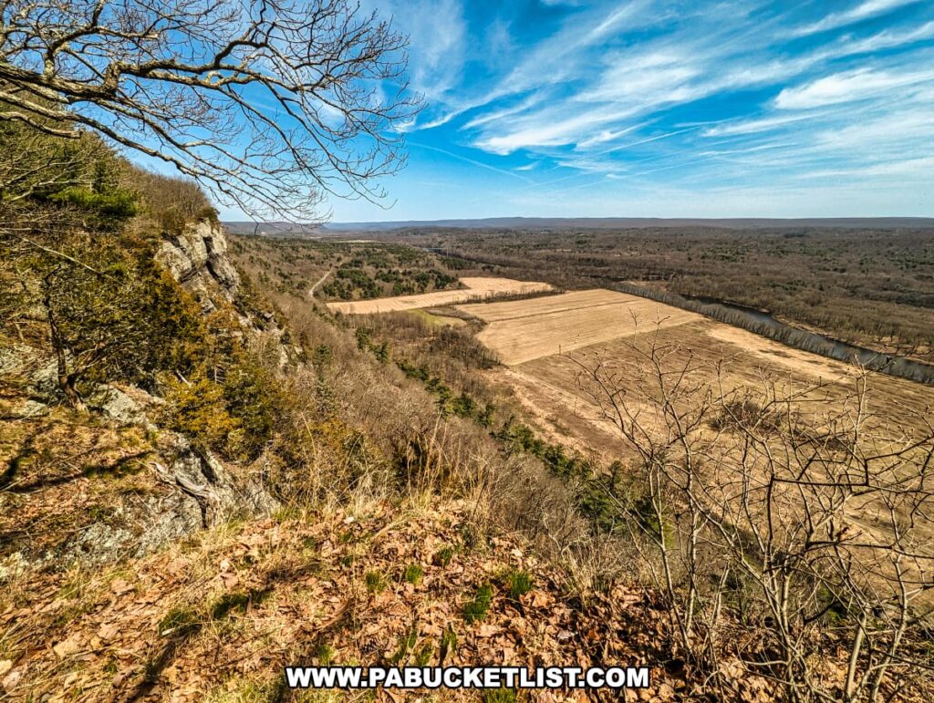 This image presents a breathtaking view from the Minisink Overlook along the Cliff Trail in Pike County, Pennsylvania. It features a stark cliff face on the left with winter-bare trees, opening up to a panoramic vista of vast fields in various stages of tillage, bordered by a distant forest. The Delaware River meanders in the background, partially framed by the leafless branches. Above, the sky is a canvas of blue streaked with wispy clouds. The composition emphasizes the rugged beauty of the landscape as it transitions from the vertical drop of the cliffs to the horizontal expanse of the valley below.